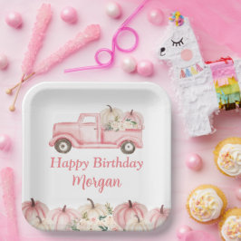 ピンクのヴィンテージトラックのかぼちゃの女の子の誕生日パーティー ペーパープレート