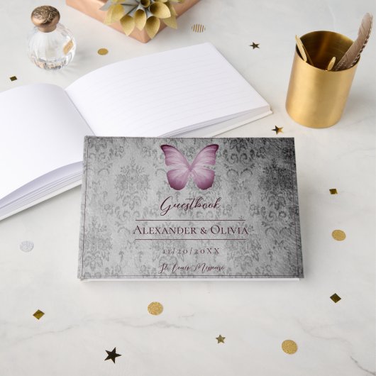 ピンクのヴィンテージバタフライダマスクの結婚式 ゲストブック (正面見開き)