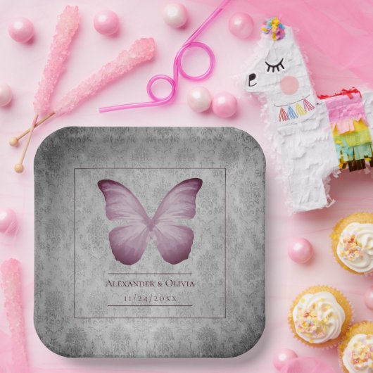 ピンクのヴィンテージバタフライダマスクの結婚式 ペーパープレート (パーティー)