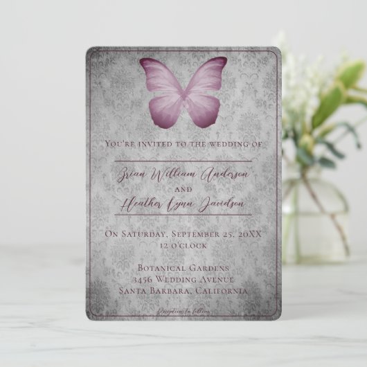 ピンクのヴィンテージバタフライダマスクの結婚式 招待状 (スタンド正面)