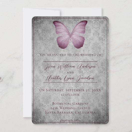 ピンクのヴィンテージバタフライダマスクの結婚式 招待状 (正面)