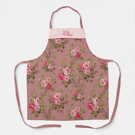 ピンクのヴィンテージバラと名前 – 古いバラの背景 エプロン (正面)