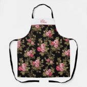 ピンクのヴィンテージバラと名前 – 黒の背景エプロン エプロン (正面)