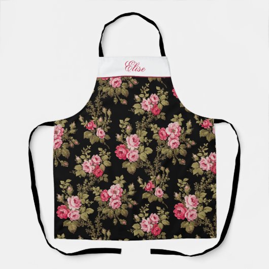 ピンクのヴィンテージバラと名前 – 黒の背景エプロン エプロン (正面)