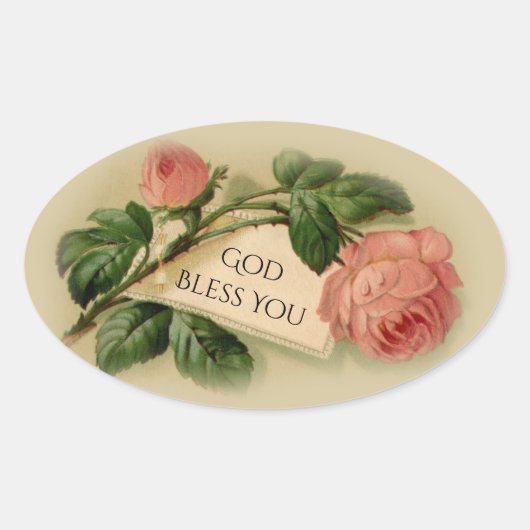 ピンクのヴィンテージバラと文字用ラベル 楕円形シール (正面)