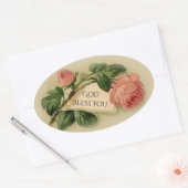 ピンクのヴィンテージバラと文字用ラベル 楕円形シール (封筒)