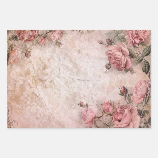 ピンクのヴィンテージバラの切り離しパターン ラッピングペーパーシート (正面3)