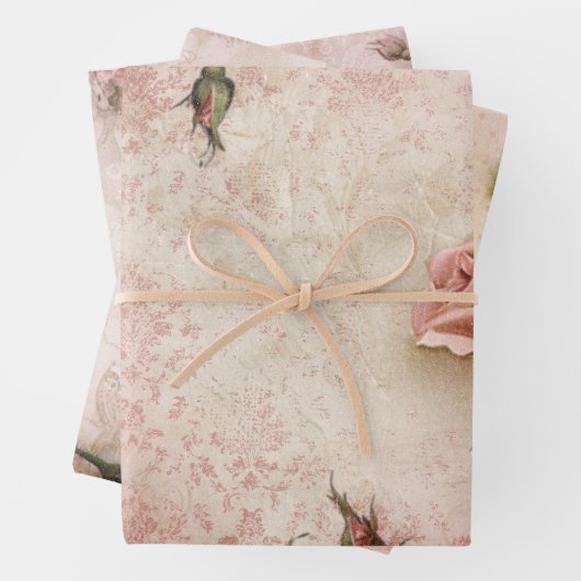 ピンクのヴィンテージバラの切り離しパターン ラッピングペーパーシート (インサイチュ)