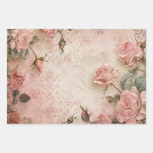 ピンクのヴィンテージバラの切り離しパターン ラッピングペーパーシート (正面)