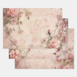 ピンクのヴィンテージバラの切り離しパターン ラッピングペーパーシート