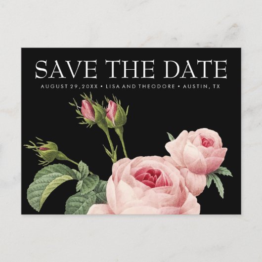 ピンクのヴィンテージバラブラックウェディング日付を保存 案内ポストカード (正面)