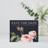 ピンクのヴィンテージバラブルー結婚式の日付を保存 案内ポストカード (スタンド正面)