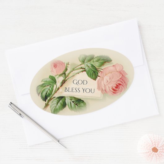 ピンクのヴィンテージバラ神はあなたを祝福 楕円形シール (封筒)