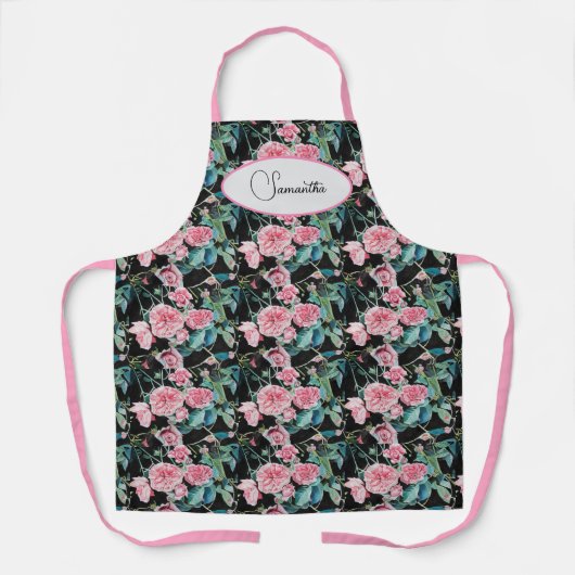 ピンクのヴィンテージバラ花フローラ名女性 エプロン (正面)