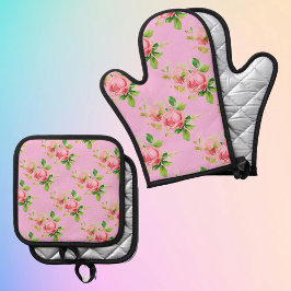 ピンクのヴィンテージバラ 鍋つかみ&鍋敷きセット