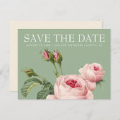 ピンクのヴィンテージバラSAGE WEDDING日付を保存 案内ポストカード (正面/裏面)
