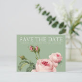 ピンクのヴィンテージバラSAGE WEDDING日付を保存 案内ポストカード (スタンド正面)
