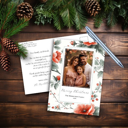 ピンクのヴィンテージフローラクリスマスポストカード(写真付き) シーズンポストカード