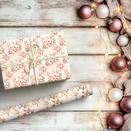 ピンクのヴィンテージフローラクリスマス ラッピングペーパー