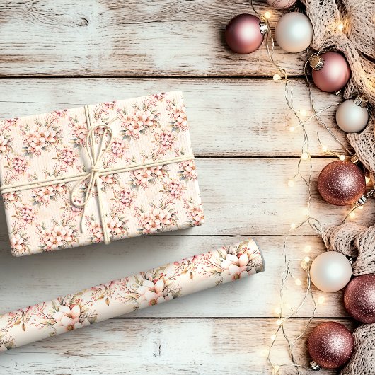 ピンクのヴィンテージフローラクリスマス ラッピングペーパー