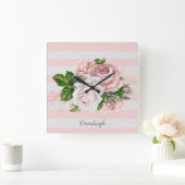 ピンクのヴィンテージフローラ ストライプの スクエア壁時計 (ホーム)