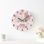 ピンクのヴィンテージフローラ ラージ壁時計 (ホーム)
