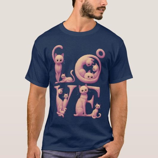 ピンクのヴィンテージラブ猫 Tシャツ (正面)
