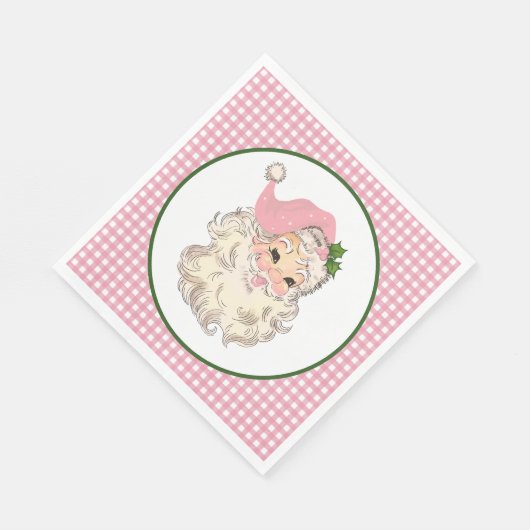 ピンクのヴィンテージレトロサンタとピンクプレイド スタンダードランチョンナプキン (角)