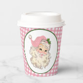 ピンクのヴィンテージレトロサンタとピンクプレイド 紙コップ (正面)