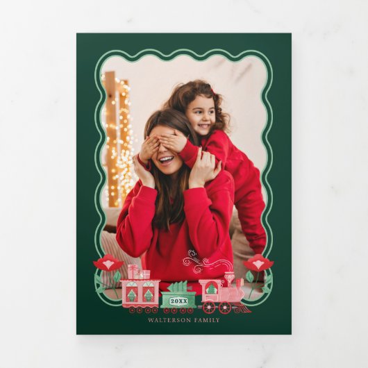 ピンクのヴィンテージ列車クリスマスツリー配信の写真 三つ折りクリスマスカード (カバー)