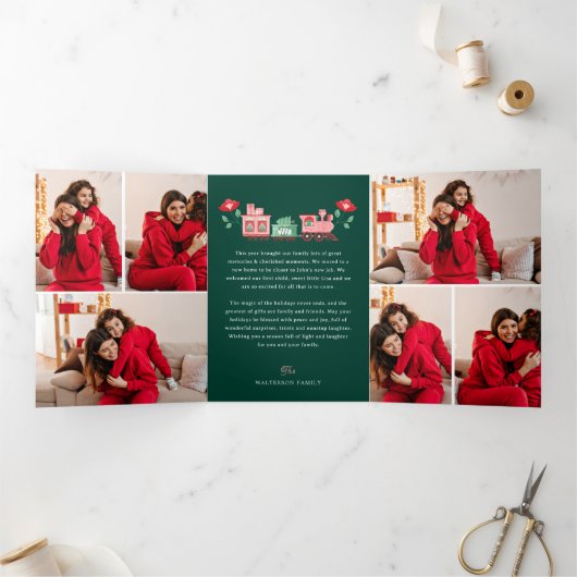 ピンクのヴィンテージ列車クリスマスツリー配信の写真 三つ折りクリスマスカード (内部)