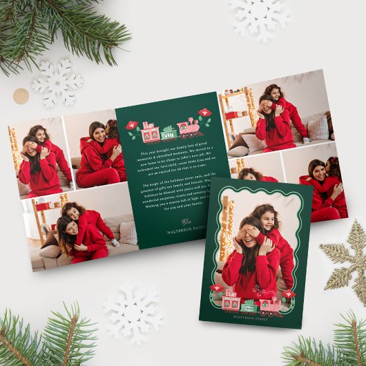 ピンクのヴィンテージ列車クリスマスツリー配信の写真 三つ折りクリスマスカード