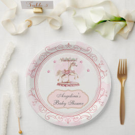 ピンクのヴィンテージ回転木馬 – 赤ちゃんシャワー大プレート ペーパープレート