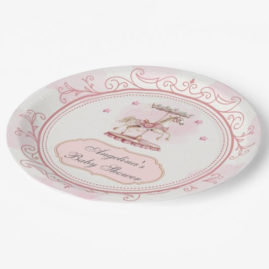 ピンクのヴィンテージ回転木馬 – 赤ちゃんシャワー大プレート ペーパープレート (アングル)