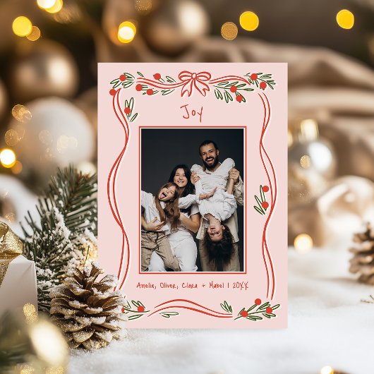 ピンクのヴィンテージ手描きボウフレームフォトクリスマス シーズンカード