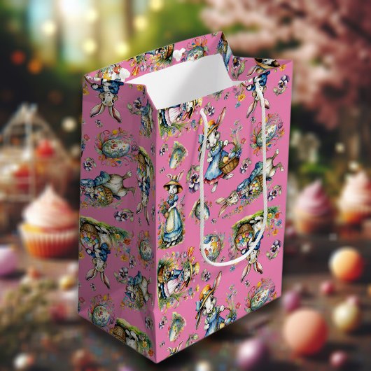 ピンクのヴィンテージ水色イースターバニーエッグ&開花 ミディアムペーパーバッグ