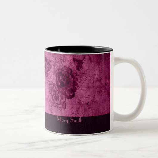 ピンクのヴィンテージ花パターン名前をカスタムする ツートーンマグカップ (右)