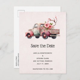 ピンクのヴィンテージ農家のトラックの結婚式の日付を保存 案内ポストカード