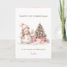 ピンクのヴィンテージ雪だるま女の子の初めてのクリスマス折り畳み カード