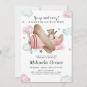 ピンクのヴィンテージ飛行機女の子の赤ちゃんシャワー 招待状 (正面)