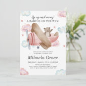 ピンクのヴィンテージ飛行機女の子の赤ちゃんシャワー 招待状 (スタンド正面)