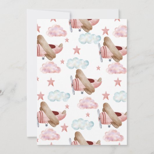 ピンクのヴィンテージ飛行機女の子の赤ちゃんシャワー 招待状 (裏面)