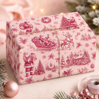 ピンクのヴィンテージ サンタのそり クリスマス トワル ラッピングペーパー