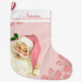 ピンクのヴィンテージ ビクトリアン サンタクロース バラ ラージクリスマスストッキング