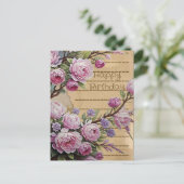 ピンクのヴィンテージ フラワー バースデー コラージュ ポストカード (スタンド正面)