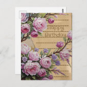 ピンクのヴィンテージ フラワー バースデー コラージュ ポストカード (正面/裏面)