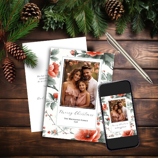 ピンクのヴィンテージ フラワー フラット ホリデー カード (写真付き)