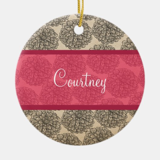 ピンクのヴィンテージ《植物》百日草オーナメント セラミックオーナメント (正面)