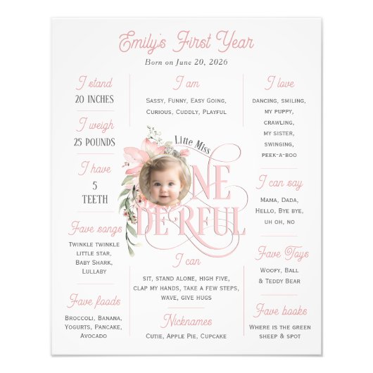 ピンクの一歳の誕生日Onederful写真エレガントミレストン フォトプリント (正面)