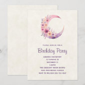 ピンクの三日月と可愛い花の誕生日 招待状 (正面/裏面)